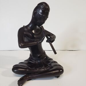 Mid Century Thai Bronze Musician Sculpture Flute Player Snake Charmer 9" Statue